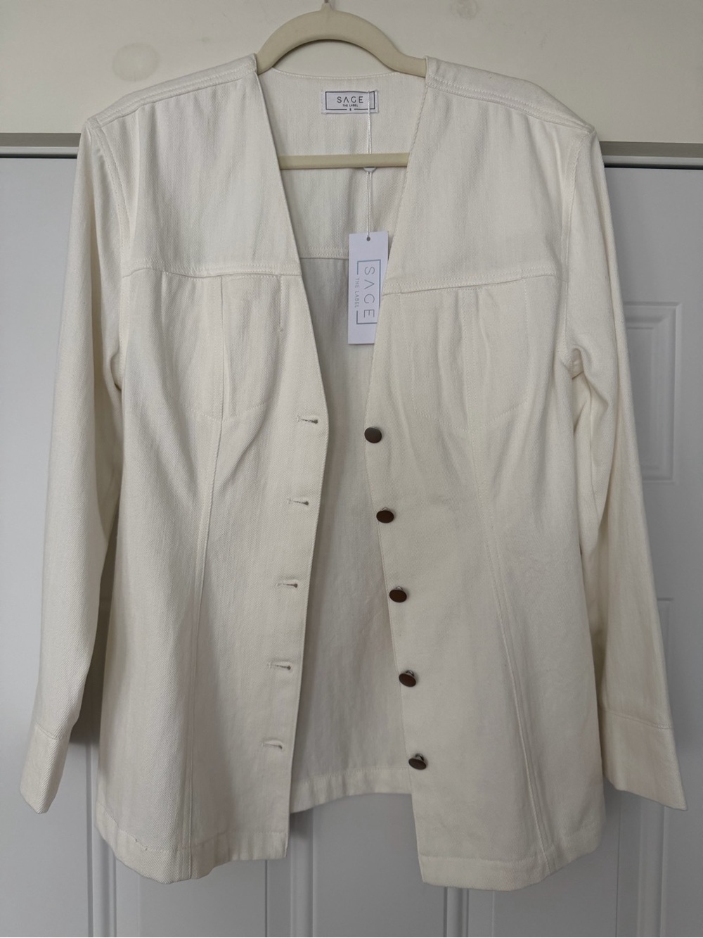 SAGE the Label Womenās Cream Longline Button-Front White Denim Jacket/Blazer